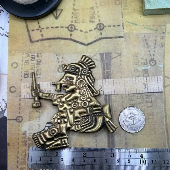 Vintage Huge Wearable Art Aztec Warrior Metal Brooch Pin Crystal Eye - Picture 2 of 4